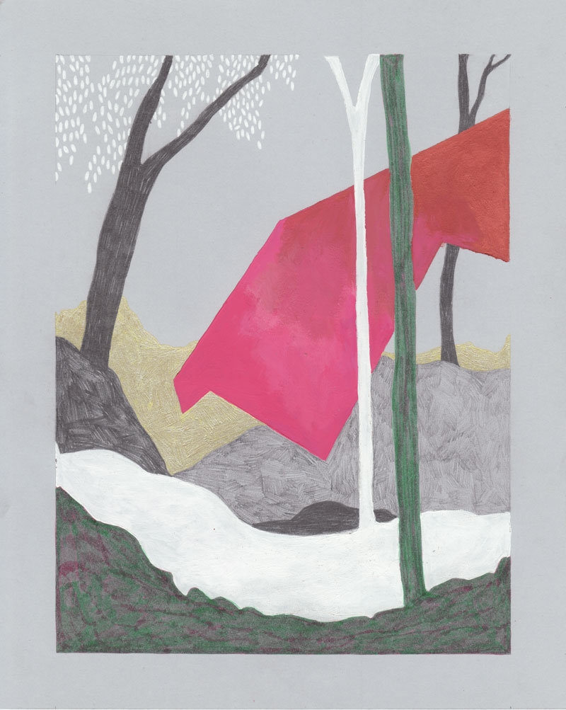 Grottes Arbre rose, 2013. Gouache et feutre sur papier de couleur. 19 × 27 cm