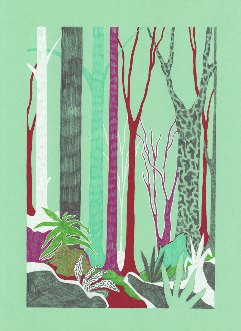 Grottes Forêt, 2013. Feutre sur papier de couleur. 20 × 29 cm