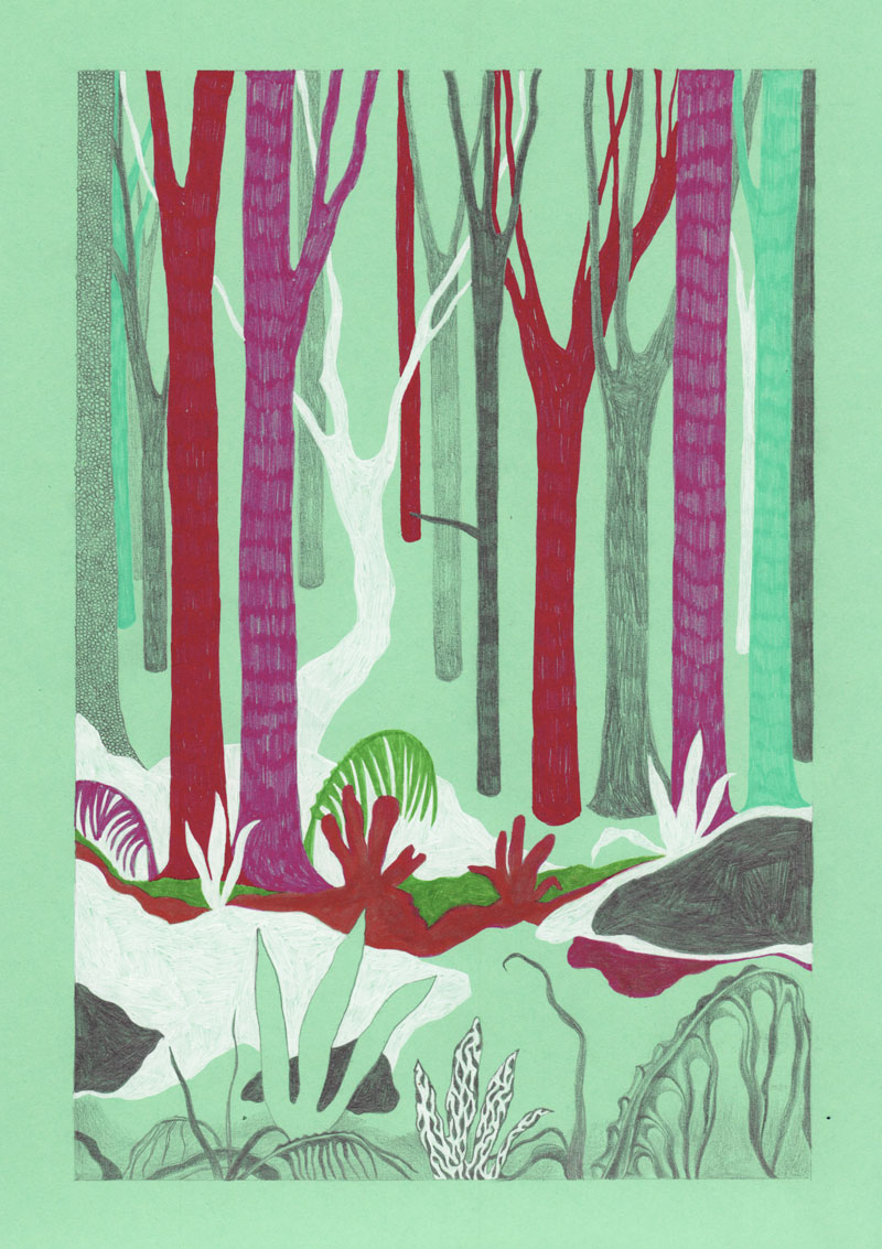 Grottes Sous-bois, 2013. Feutre sur papier de couleur. 20 × 29 cm