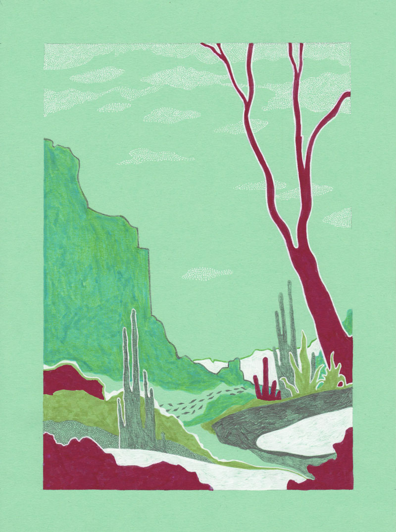 Grottes Micocoulier, 2013. Feutre sur papier de couleur. 18 × 25 cm